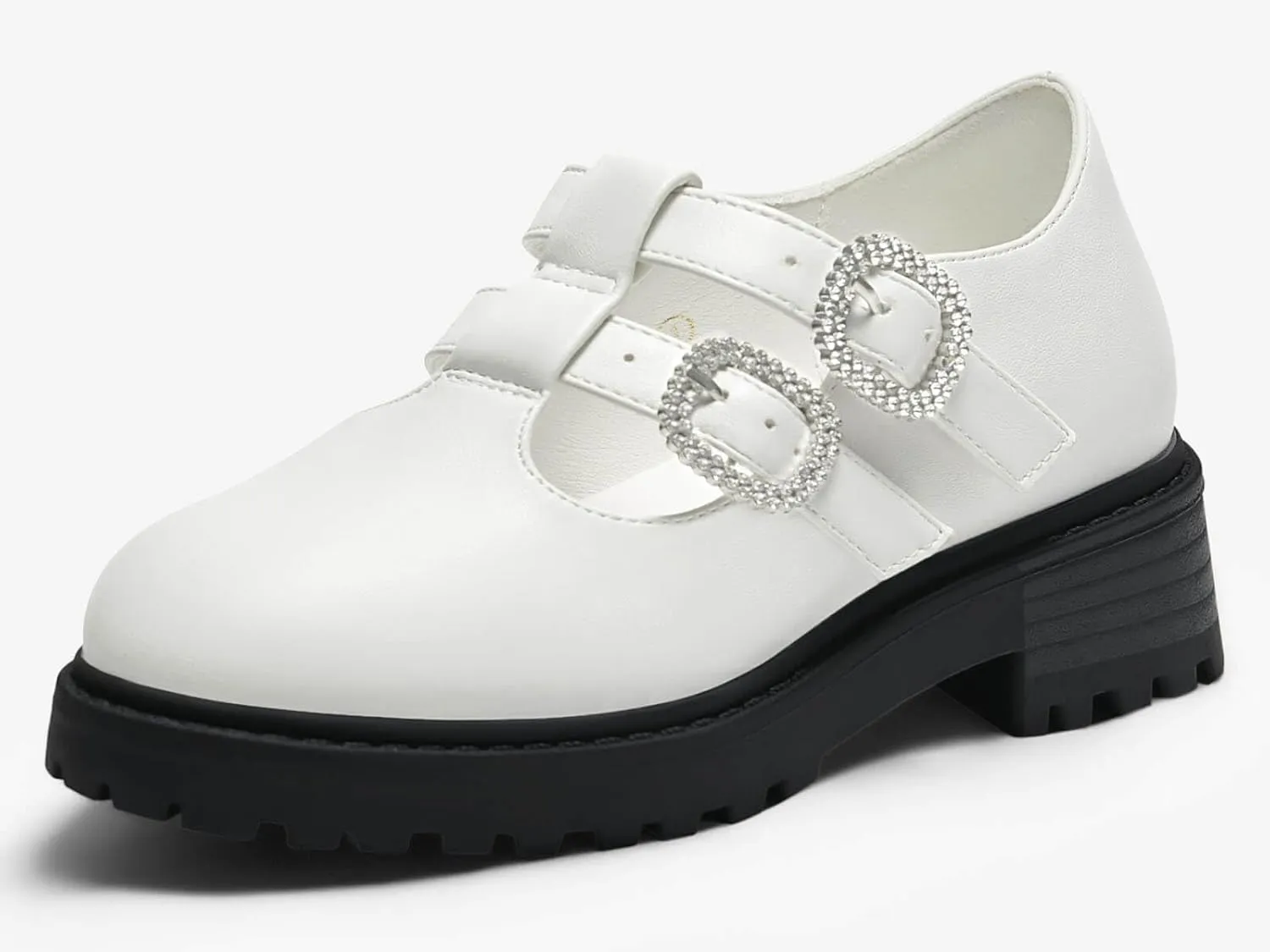 Coutgo Girls Mary Jane Shoes Platform Rhinestone T-Strap Chunky Block Heel Leather School Uniform Shoes