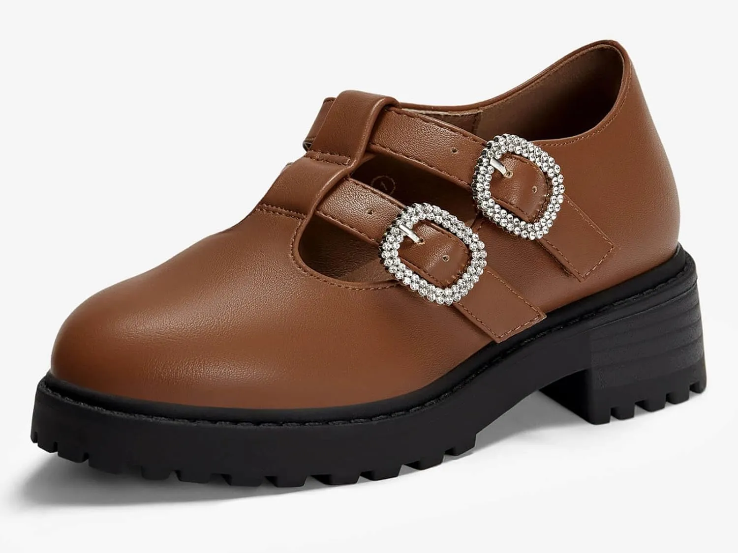 Coutgo Girls Mary Jane Shoes Platform Rhinestone T-Strap Chunky Block Heel Leather School Uniform Shoes