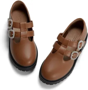Coutgo Girls Mary Jane Shoes Platform Rhinestone T-Strap Chunky Block Heel Leather School Uniform Shoes