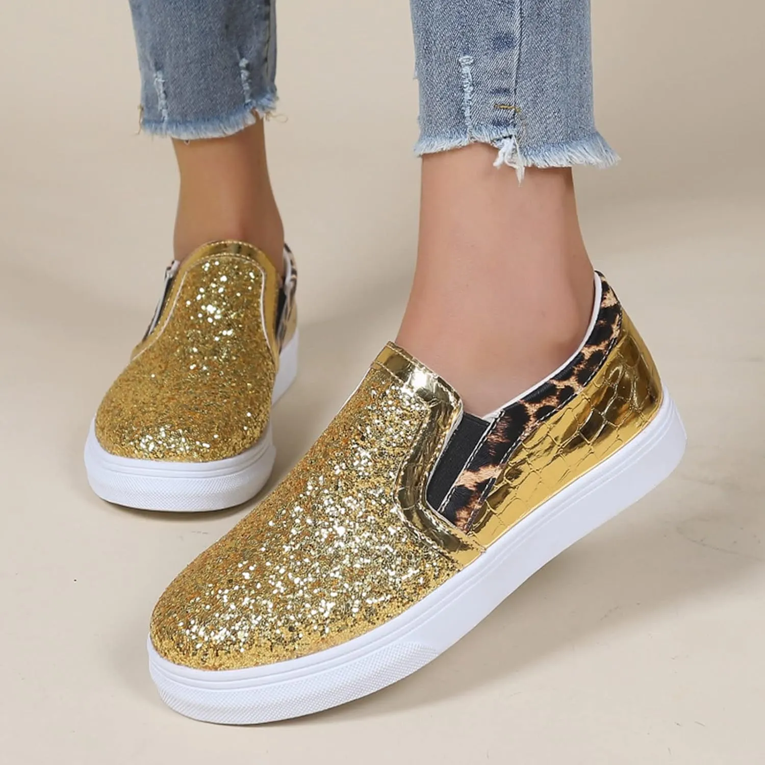 Crzidha Gold Sequin Sneakers for Women,Comfortable Stretch Strap Slip On Flat Sneakers Soft Sole Low Heel Casual Walk Shoes Stylish Sparkly Party Shoes for Ladies Lightweight Running Shoes