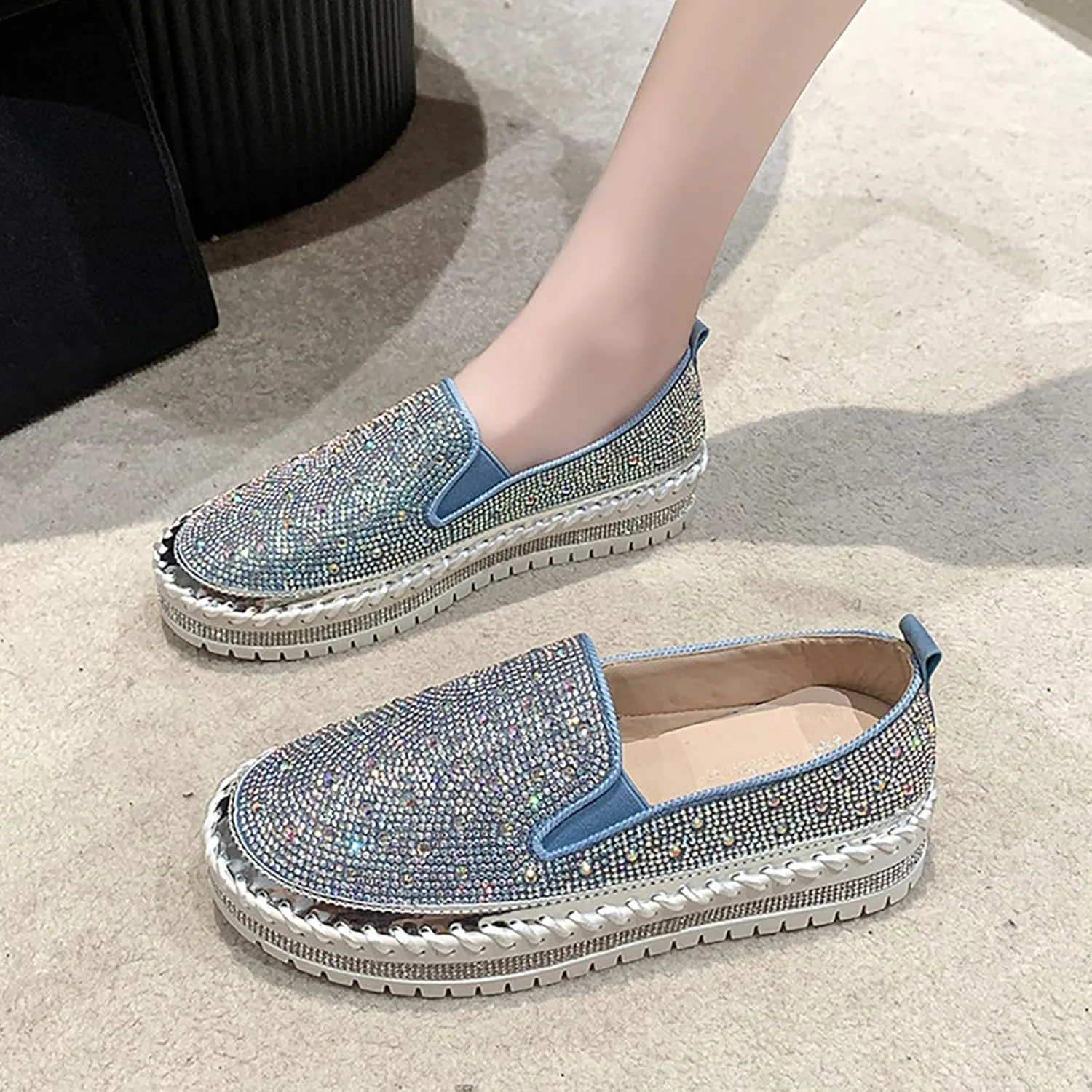 Crzidha Gold Sequin Sneakers for Women,Comfortable Stretch Strap Slip On Flat Sneakers Soft Sole Low Heel Casual Walk Shoes Stylish Sparkly Party Shoes for Ladies Lightweight Running Shoes