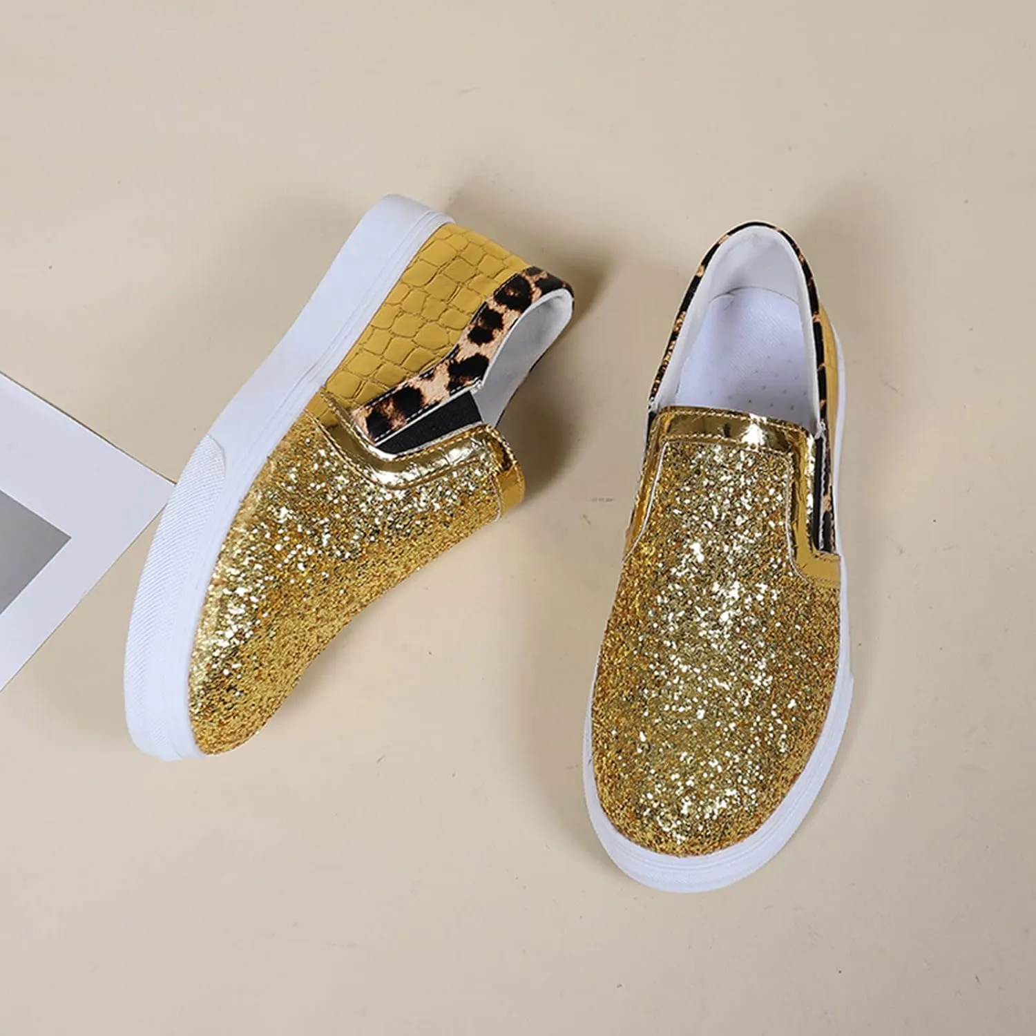 Crzidha Gold Sequin Sneakers for Women,Comfortable Stretch Strap Slip On Flat Sneakers Soft Sole Low Heel Casual Walk Shoes Stylish Sparkly Party Shoes for Ladies Lightweight Running Shoes