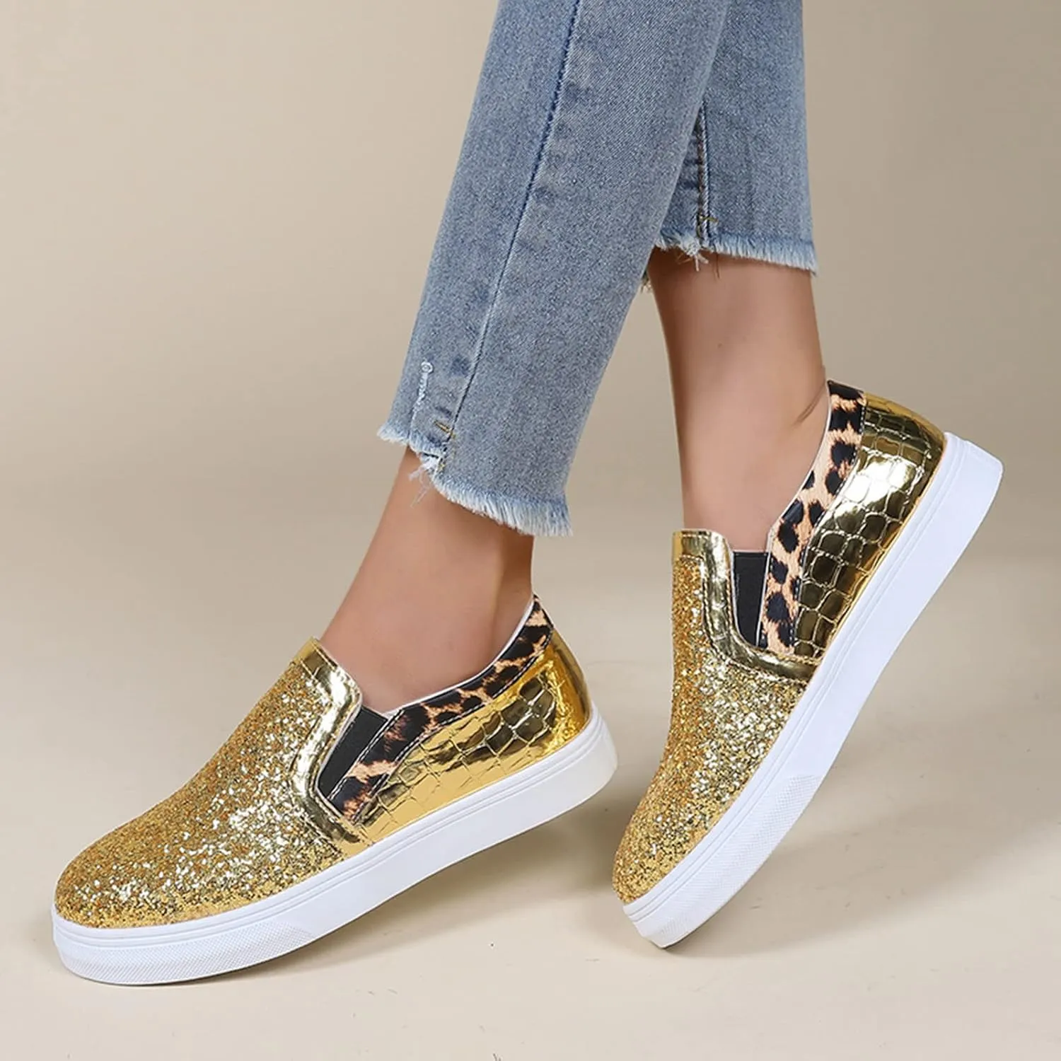 Crzidha Gold Sequin Sneakers for Women,Comfortable Stretch Strap Slip On Flat Sneakers Soft Sole Low Heel Casual Walk Shoes Stylish Sparkly Party Shoes for Ladies Lightweight Running Shoes