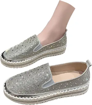 Crzidha Gold Sequin Sneakers for Women,Comfortable Stretch Strap Slip On Flat Sneakers Soft Sole Low Heel Casual Walk Shoes Stylish Sparkly Party Shoes for Ladies Lightweight Running Shoes