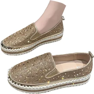Crzidha Gold Sequin Sneakers for Women,Comfortable Stretch Strap Slip On Flat Sneakers Soft Sole Low Heel Casual Walk Shoes Stylish Sparkly Party Shoes for Ladies Lightweight Running Shoes