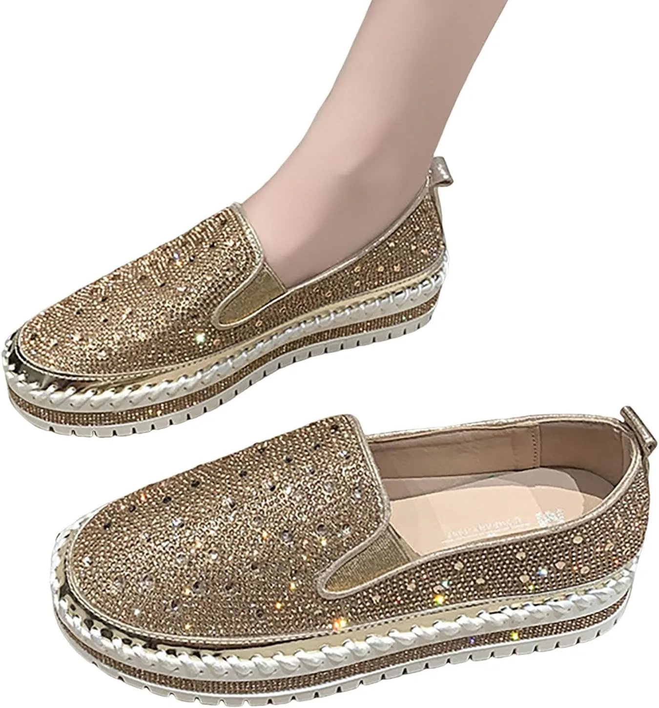 Crzidha Gold Sequin Sneakers for Women,Comfortable Stretch Strap Slip On Flat Sneakers Soft Sole Low Heel Casual Walk Shoes Stylish Sparkly Party Shoes for Ladies Lightweight Running Shoes