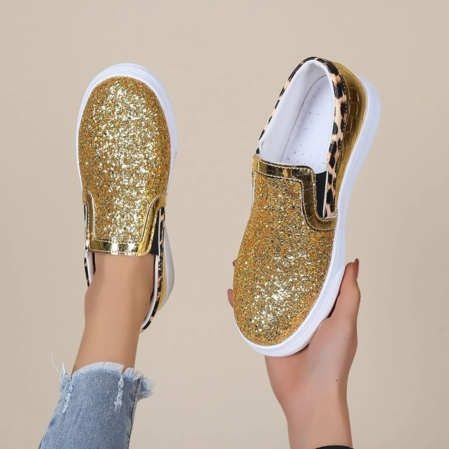 Crzidha Gold Sequin Sneakers for Women,Comfortable Stretch Strap Slip On Flat Sneakers Soft Sole Low Heel Casual Walk Shoes Stylish Sparkly Party Shoes for Ladies Lightweight Running Shoes