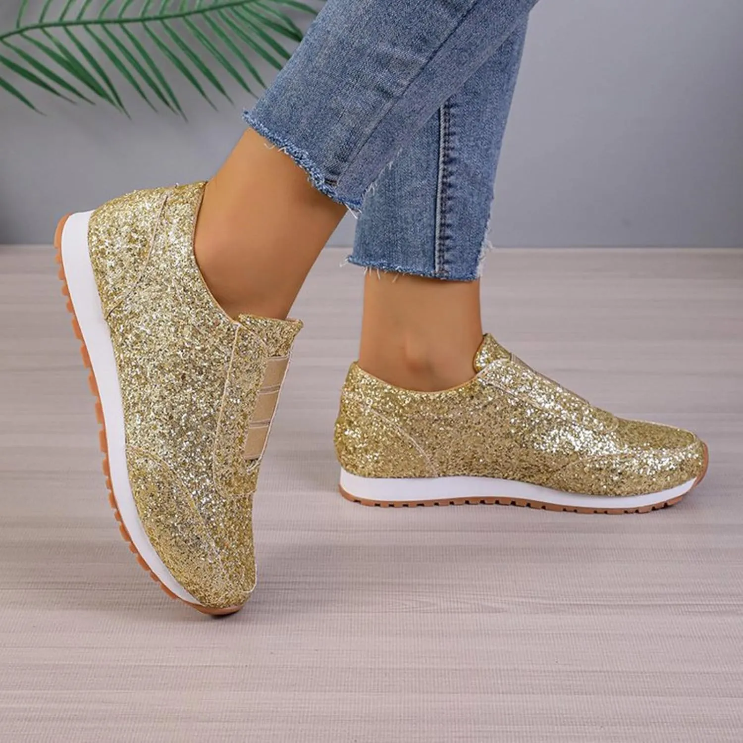 Crzidha Gold Sequin Sneakers for Women,Comfortable Stretch Strap Slip On Flat Sneakers Soft Sole Low Heel Casual Walk Shoes Stylish Sparkly Party Shoes for Ladies Lightweight Running Shoes