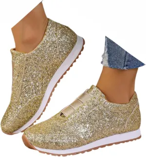 Crzidha Gold Sequin Sneakers for Women,Comfortable Stretch Strap Slip On Flat Sneakers Soft Sole Low Heel Casual Walk Shoes Stylish Sparkly Party Shoes for Ladies Lightweight Running Shoes