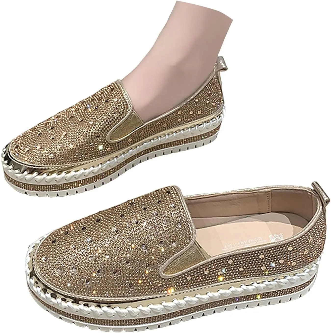 Crzidha Gold Sequin Sneakers for Women,Comfortable Stretch Strap Slip On Flat Sneakers Soft Sole Low Heel Casual Walk Shoes Stylish Sparkly Party Shoes for Ladies Lightweight Running Shoes