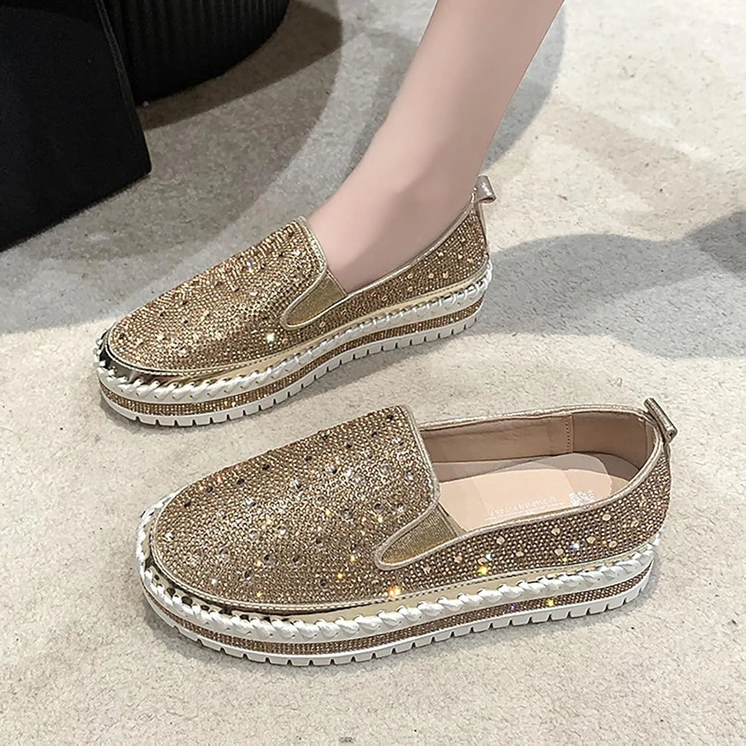 Crzidha Gold Sequin Sneakers for Women,Comfortable Stretch Strap Slip On Flat Sneakers Soft Sole Low Heel Casual Walk Shoes Stylish Sparkly Party Shoes for Ladies Lightweight Running Shoes