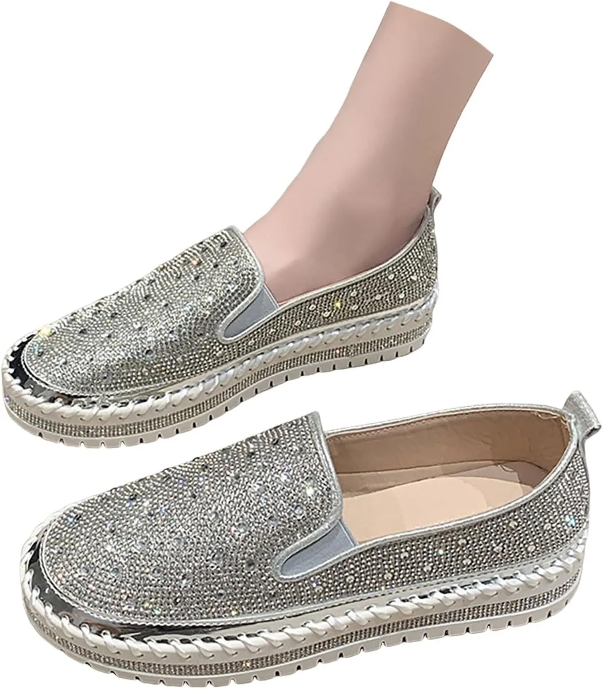 Crzidha Gold Sequin Sneakers for Women,Comfortable Stretch Strap Slip On Flat Sneakers Soft Sole Low Heel Casual Walk Shoes Stylish Sparkly Party Shoes for Ladies Lightweight Running Shoes