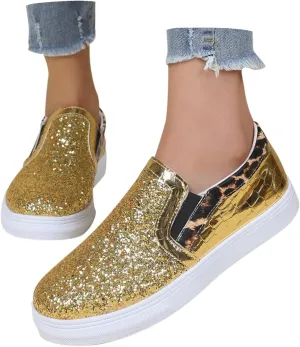 Crzidha Gold Sequin Sneakers for Women,Comfortable Stretch Strap Slip On Flat Sneakers Soft Sole Low Heel Casual Walk Shoes Stylish Sparkly Party Shoes for Ladies Lightweight Running Shoes