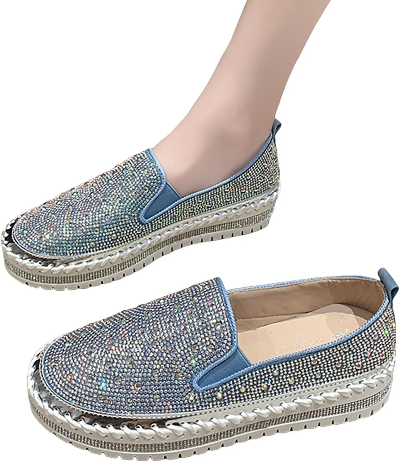 Crzidha Gold Sequin Sneakers for Women,Comfortable Stretch Strap Slip On Flat Sneakers Soft Sole Low Heel Casual Walk Shoes Stylish Sparkly Party Shoes for Ladies Lightweight Running Shoes