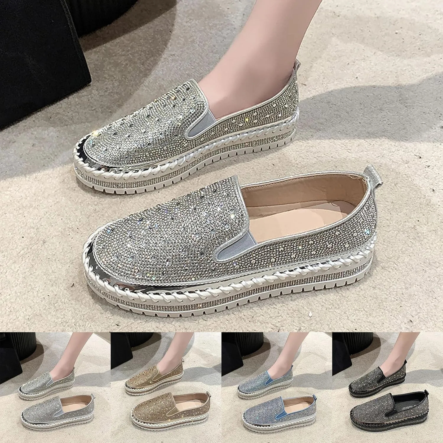 Crzidha Gold Sequin Sneakers for Women,Comfortable Stretch Strap Slip On Flat Sneakers Soft Sole Low Heel Casual Walk Shoes Stylish Sparkly Party Shoes for Ladies Lightweight Running Shoes