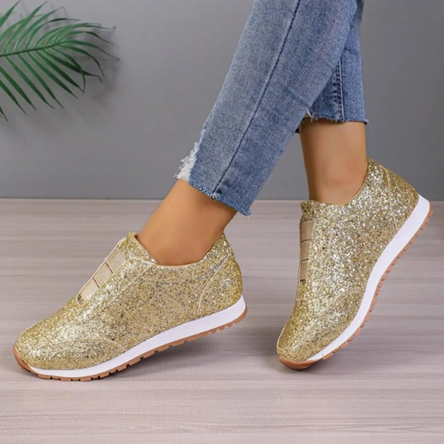 Crzidha Gold Sequin Sneakers for Women,Comfortable Stretch Strap Slip On Flat Sneakers Soft Sole Low Heel Casual Walk Shoes Stylish Sparkly Party Shoes for Ladies Lightweight Running Shoes