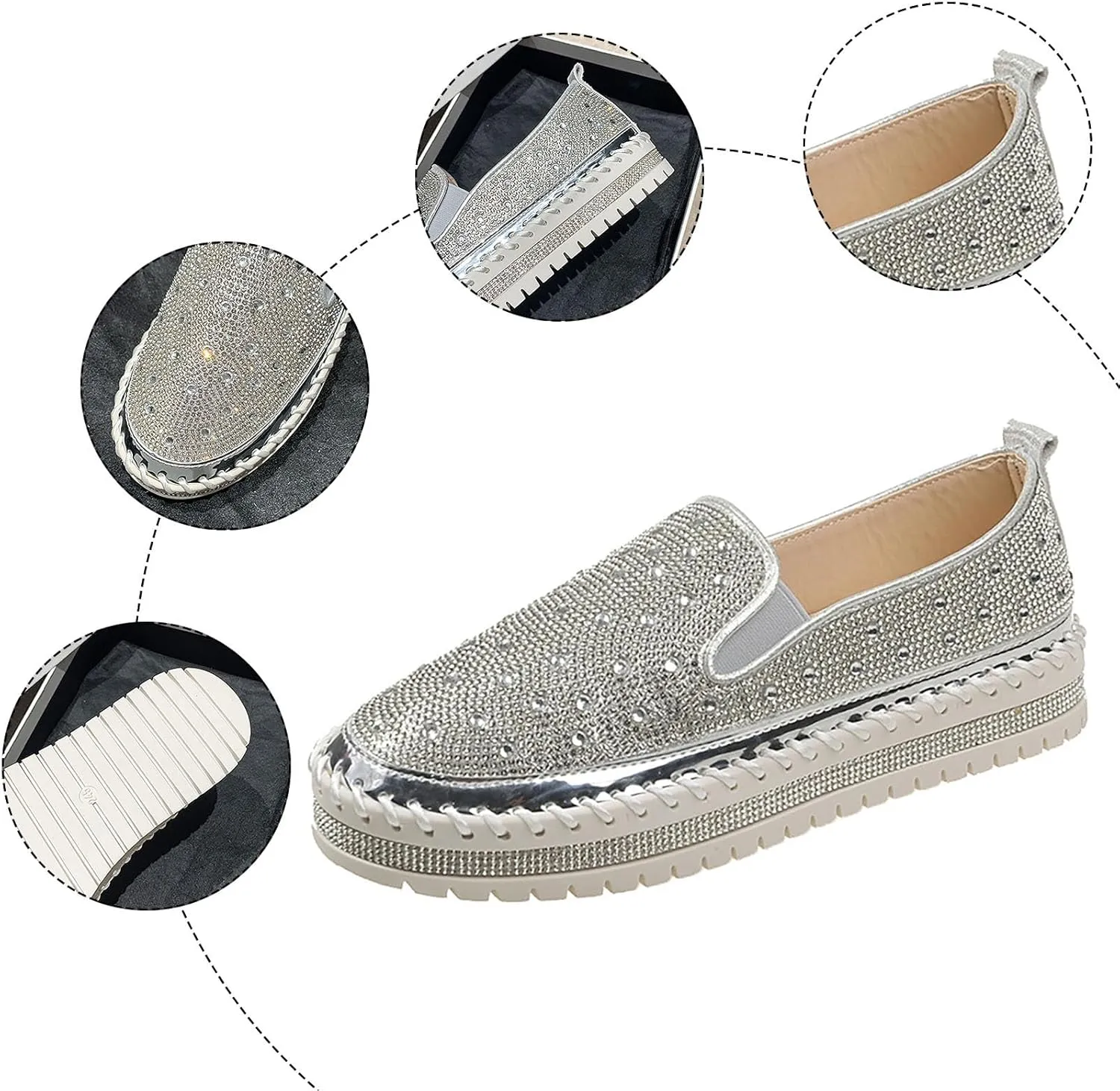 Crzidha Gold Sequin Sneakers for Women,Comfortable Stretch Strap Slip On Flat Sneakers Soft Sole Low Heel Casual Walk Shoes Stylish Sparkly Party Shoes for Ladies Lightweight Running Shoes