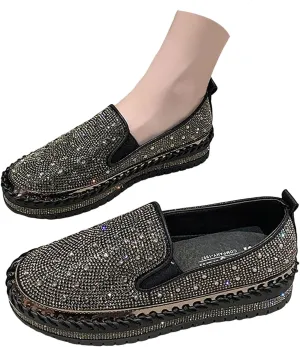 Crzidha Gold Sequin Sneakers for Women,Comfortable Stretch Strap Slip On Flat Sneakers Soft Sole Low Heel Casual Walk Shoes Stylish Sparkly Party Shoes for Ladies Lightweight Running Shoes