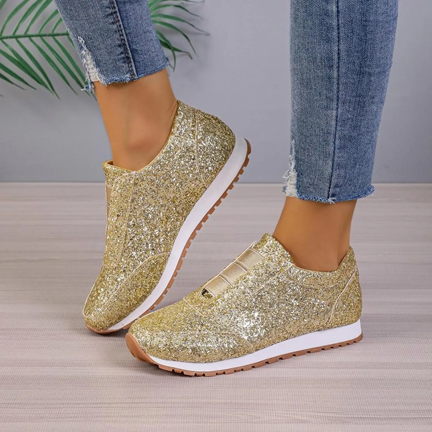 Crzidha Gold Sequin Sneakers for Women,Comfortable Stretch Strap Slip On Flat Sneakers Soft Sole Low Heel Casual Walk Shoes Stylish Sparkly Party Shoes for Ladies Lightweight Running Shoes