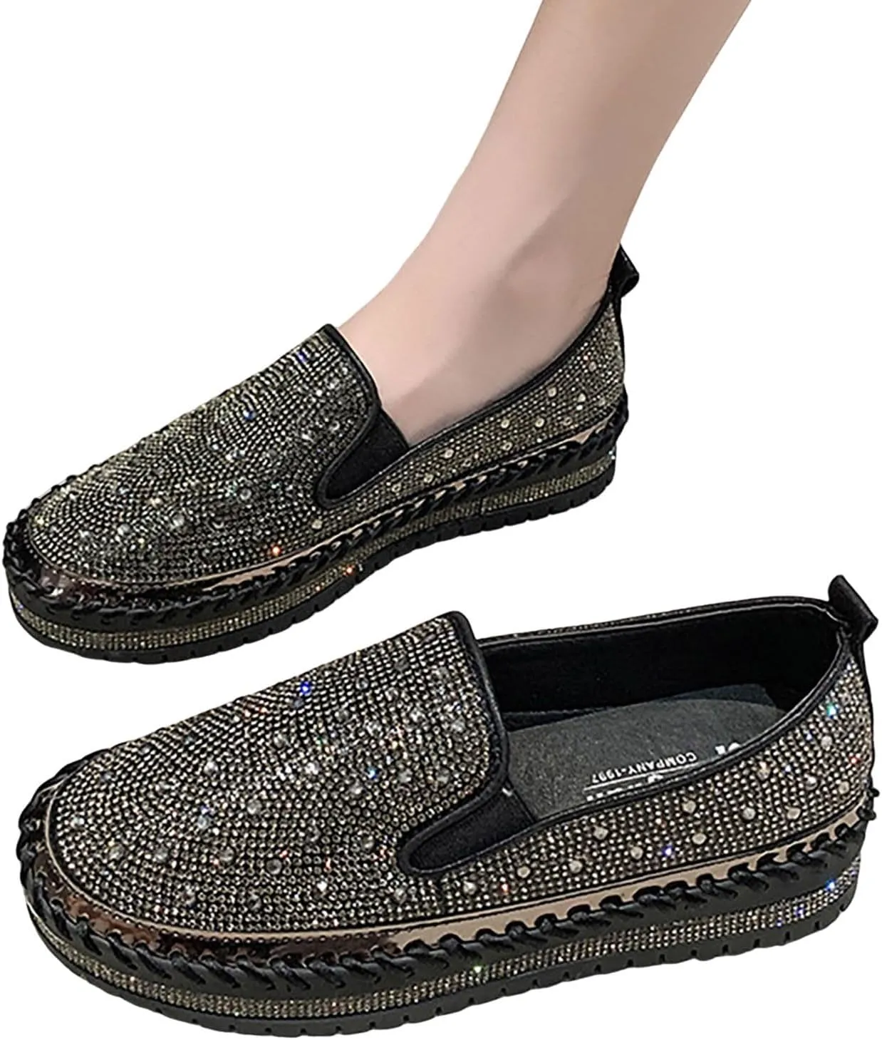 Crzidha Gold Sequin Sneakers for Women,Comfortable Stretch Strap Slip On Flat Sneakers Soft Sole Low Heel Casual Walk Shoes Stylish Sparkly Party Shoes for Ladies Lightweight Running Shoes
