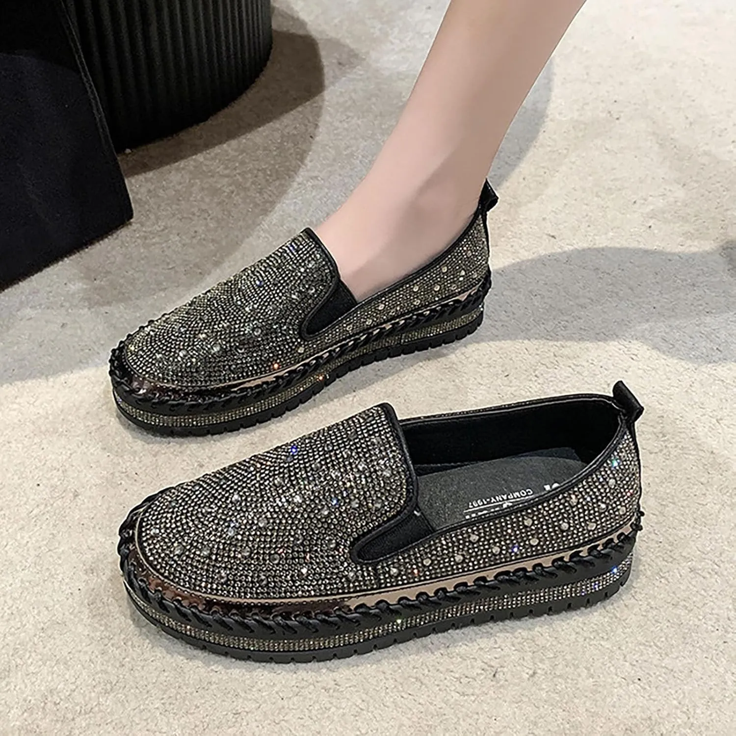 Crzidha Gold Sequin Sneakers for Women,Comfortable Stretch Strap Slip On Flat Sneakers Soft Sole Low Heel Casual Walk Shoes Stylish Sparkly Party Shoes for Ladies Lightweight Running Shoes