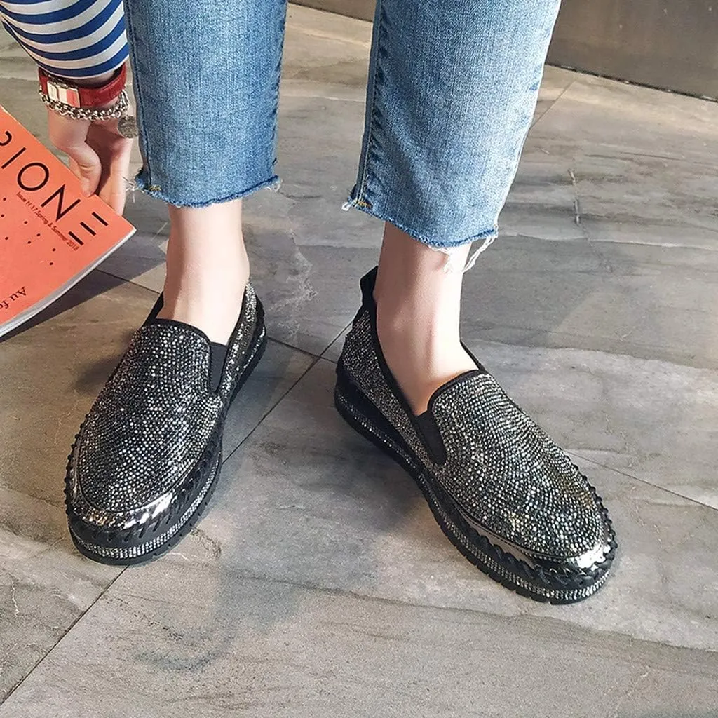 Crzidha Gold Sequin Sneakers for Women,Comfortable Stretch Strap Slip On Flat Sneakers Soft Sole Low Heel Casual Walk Shoes Stylish Sparkly Party Shoes for Ladies Lightweight Running Shoes