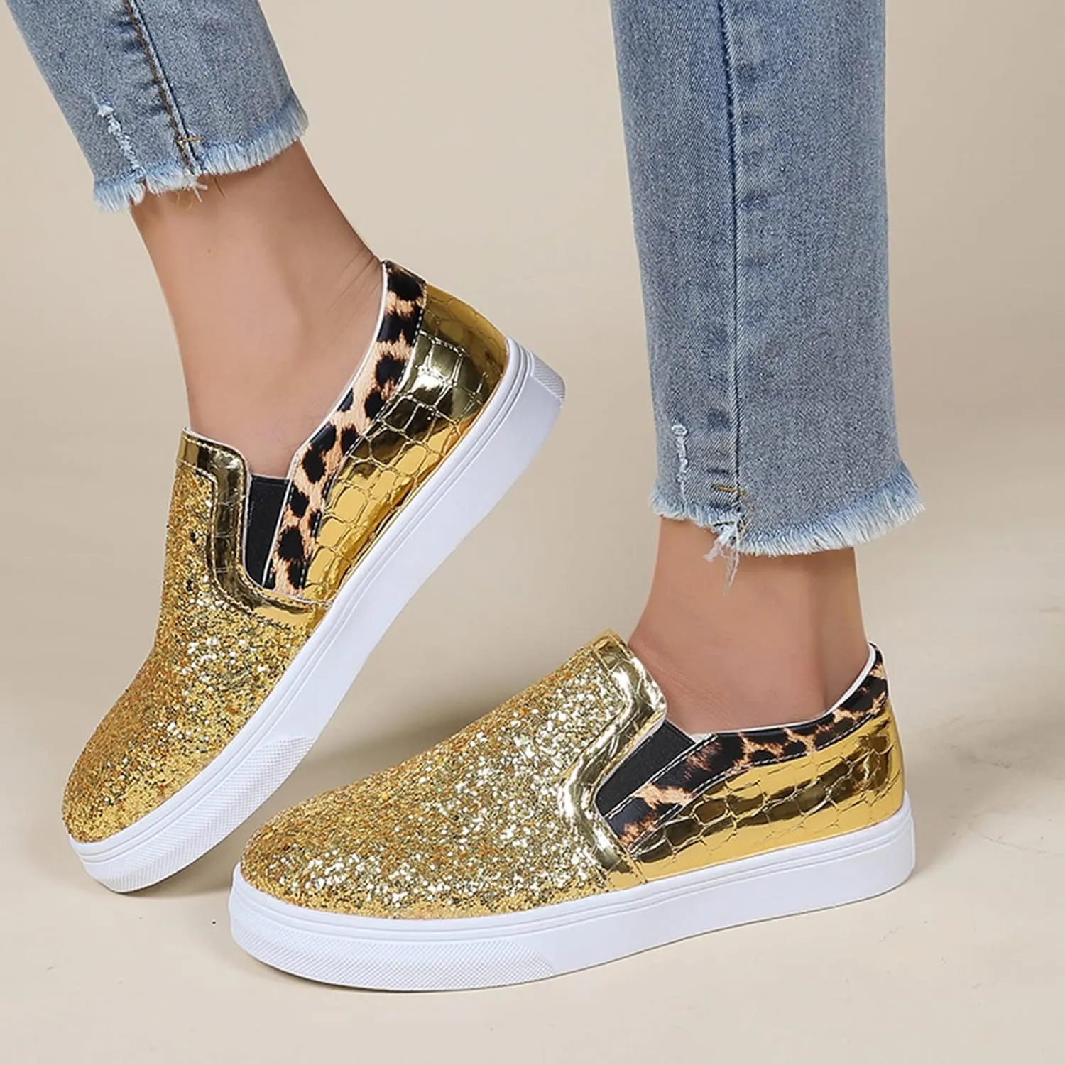 Crzidha Gold Sequin Sneakers for Women,Comfortable Stretch Strap Slip On Flat Sneakers Soft Sole Low Heel Casual Walk Shoes Stylish Sparkly Party Shoes for Ladies Lightweight Running Shoes