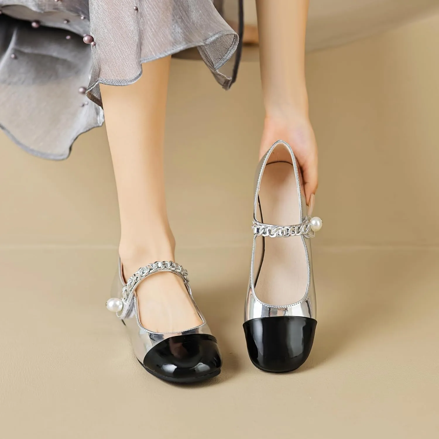 Dear Time Women's Round Toe Flats Elegant Ballets Shoes Mary Jane Strap Flats Dressy Shoes