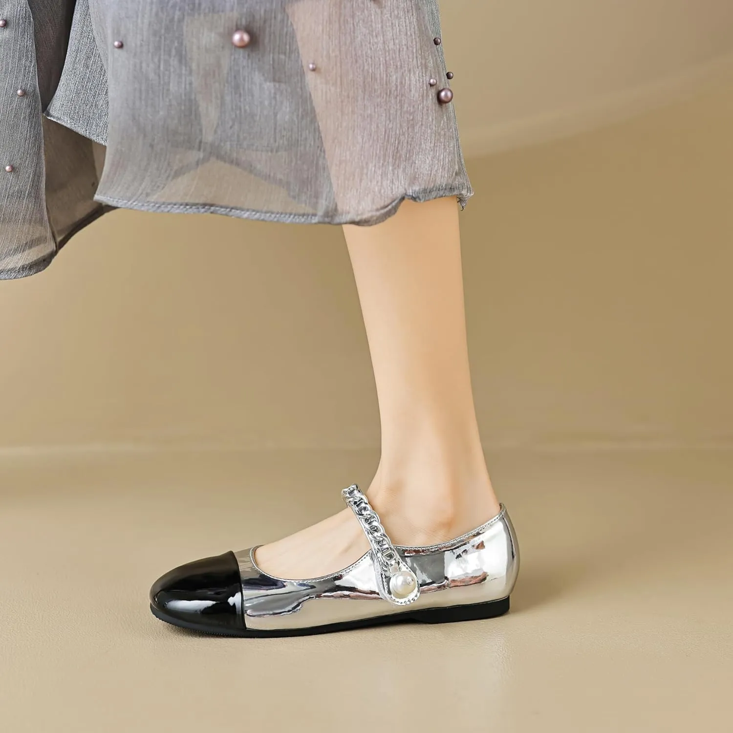 Dear Time Women's Round Toe Flats Elegant Ballets Shoes Mary Jane Strap Flats Dressy Shoes