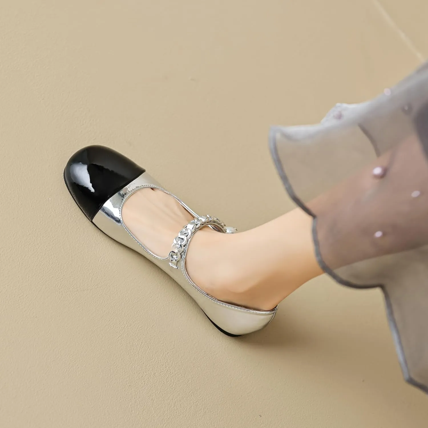 Dear Time Women's Round Toe Flats Elegant Ballets Shoes Mary Jane Strap Flats Dressy Shoes