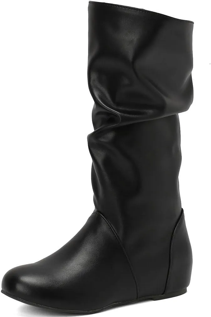 DINTAHA Womens Slouch Flat Boots Mid Calf Flat Boots Low Heel Fall Slouchy Cowgirl Boots