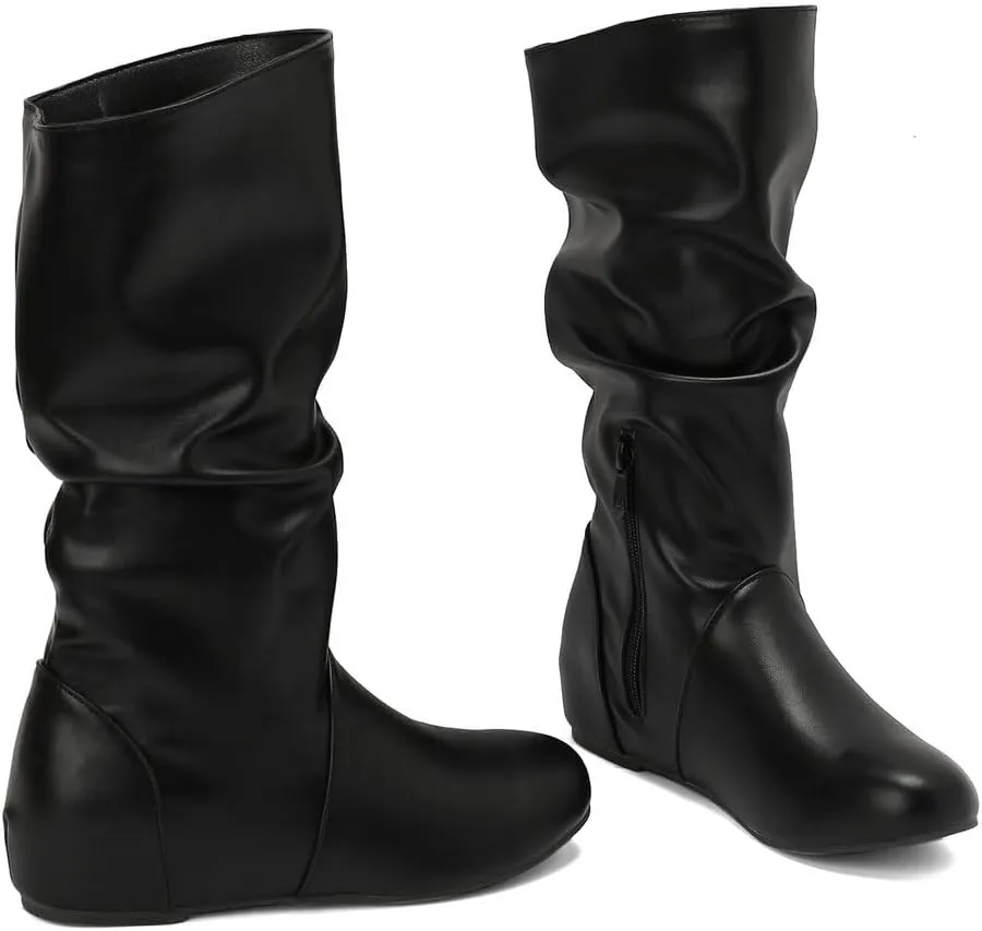 DINTAHA Womens Slouch Flat Boots Mid Calf Flat Boots Low Heel Fall Slouchy Cowgirl Boots