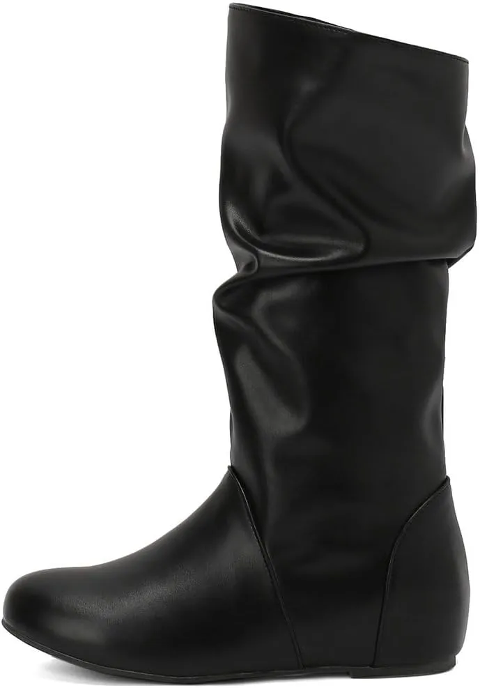 DINTAHA Womens Slouch Flat Boots Mid Calf Flat Boots Low Heel Fall Slouchy Cowgirl Boots