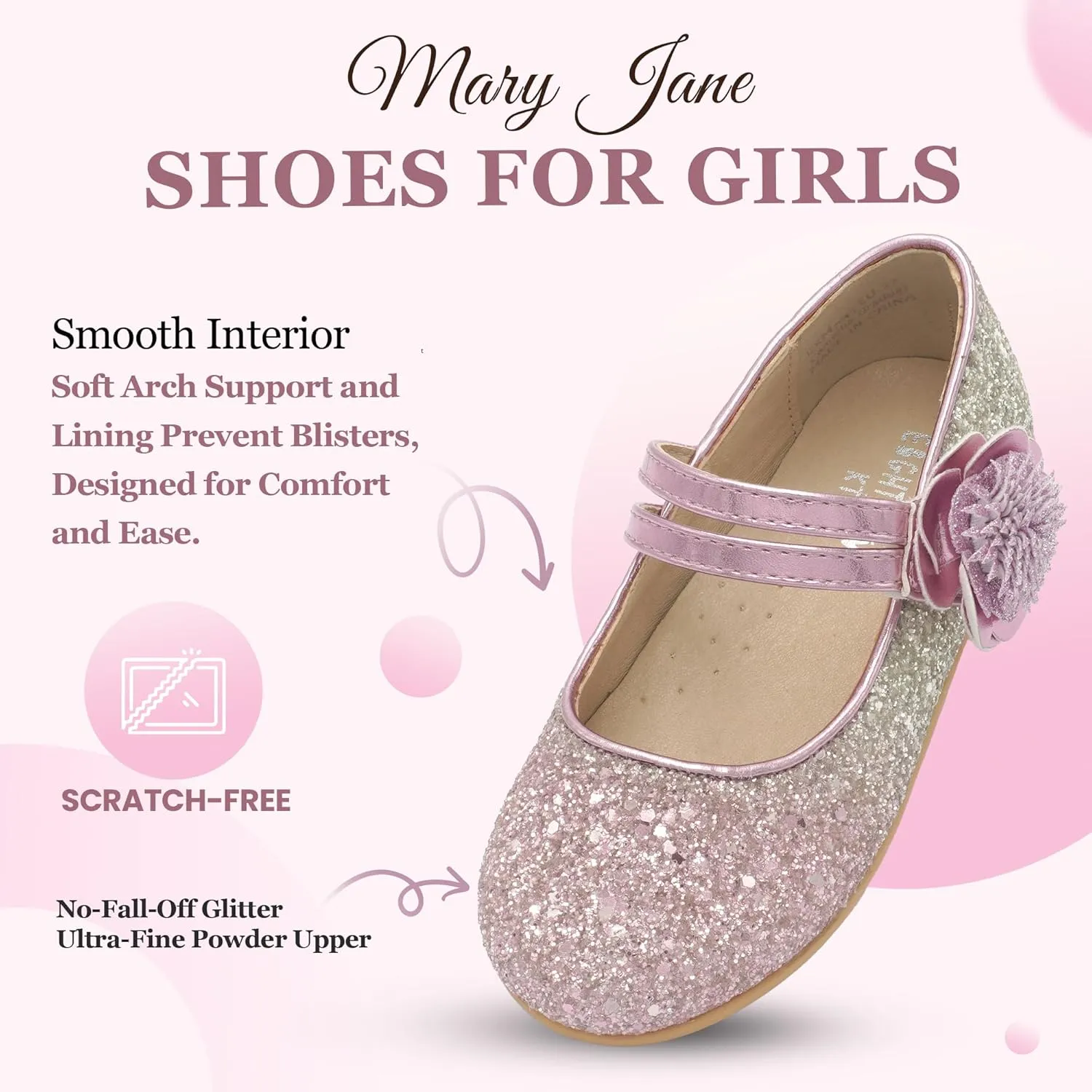EIGHT KM Toddler Girls Dress Shoes  Girls Mary Jane Shoes | Mary Jane Flats - Ballet Flats  Party, Flower Girl, Wedding Dress Shoes for Girls  Comfortable & Non-Slip Design for Ages up to 7