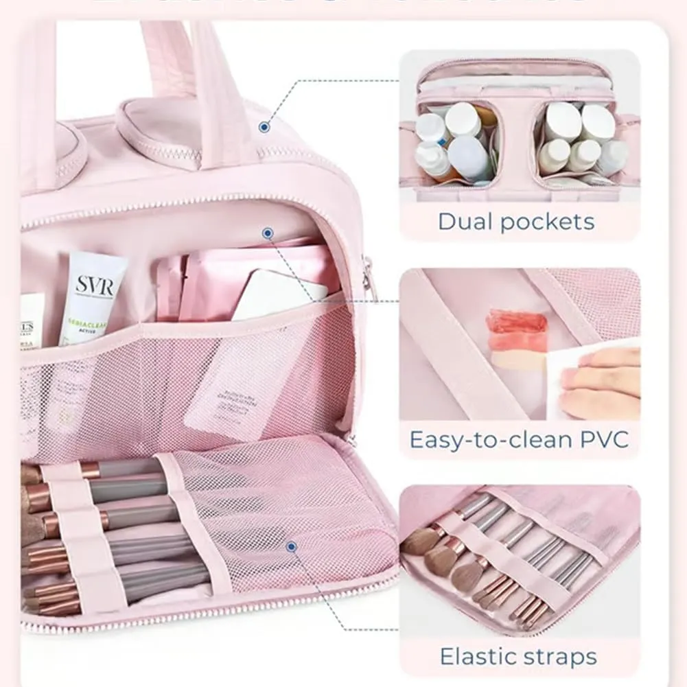 Elouva Toiletry Bag, Large Capacity Wide-Open Travel Makeup Bag, 4-in-1 Puffy Multi-functional Cosmetic Bags for Women, Portable Waterproof Open Flat Organizer Bags (Blue)