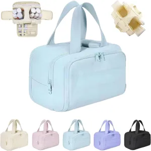 Elouva Toiletry Bag, Large Capacity Wide-Open Travel Makeup Bag, 4-in-1 Puffy Multi-functional Cosmetic Bags for Women, Portable Waterproof Open Flat Organizer Bags (Blue)
