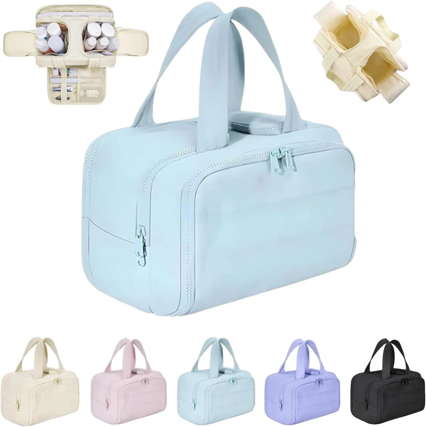 Elouva Toiletry Bag, Large Capacity Wide-Open Travel Makeup Bag, 4-in-1 Puffy Multi-functional Cosmetic Bags for Women, Portable Waterproof Open Flat Organizer Bags (Blue)
