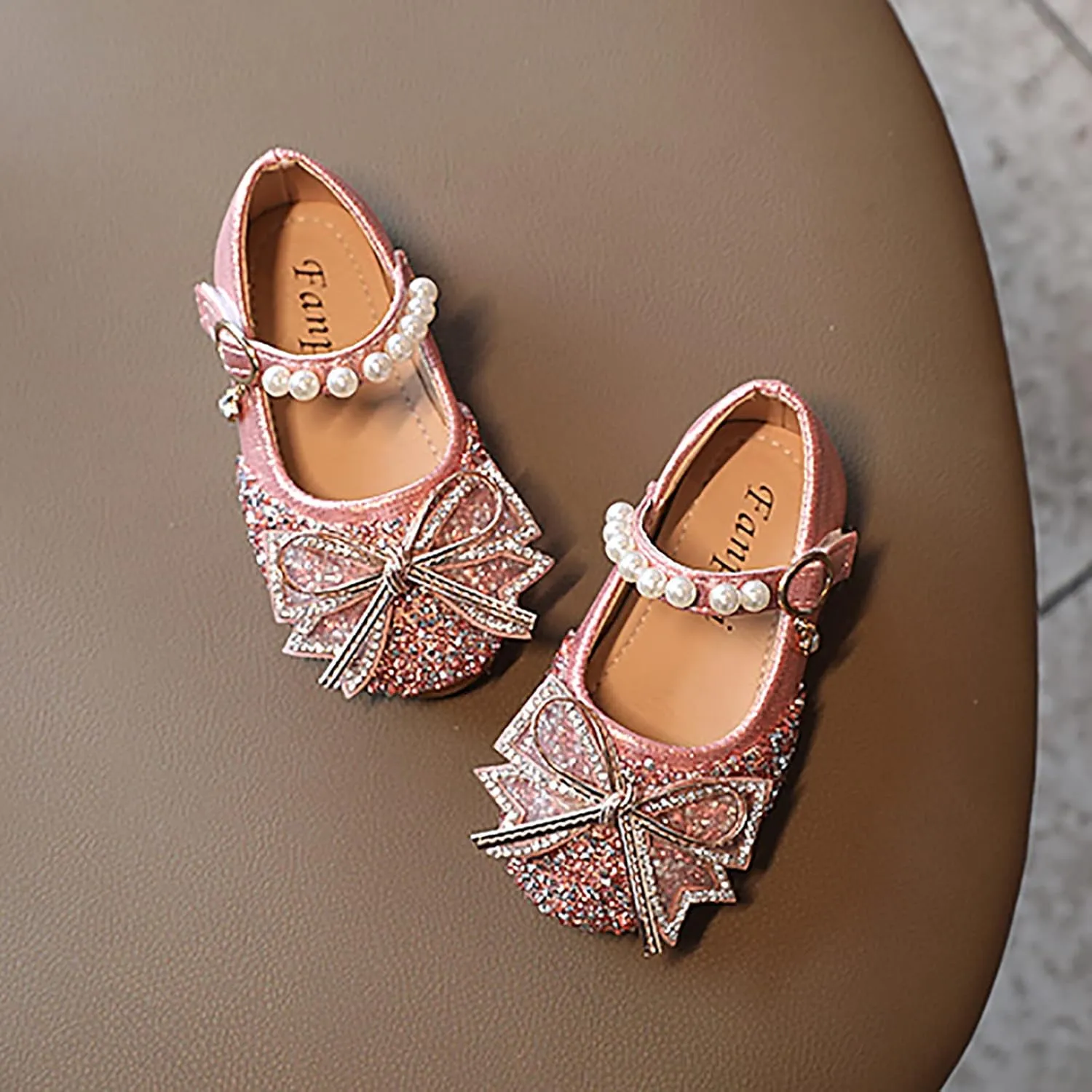EnJoCho Girls Toddler/Little Kid Pearl Crystal Dress Flats Shoes Bow Flower Girl Ballet Flat Bling Bowknot Princess Sandals