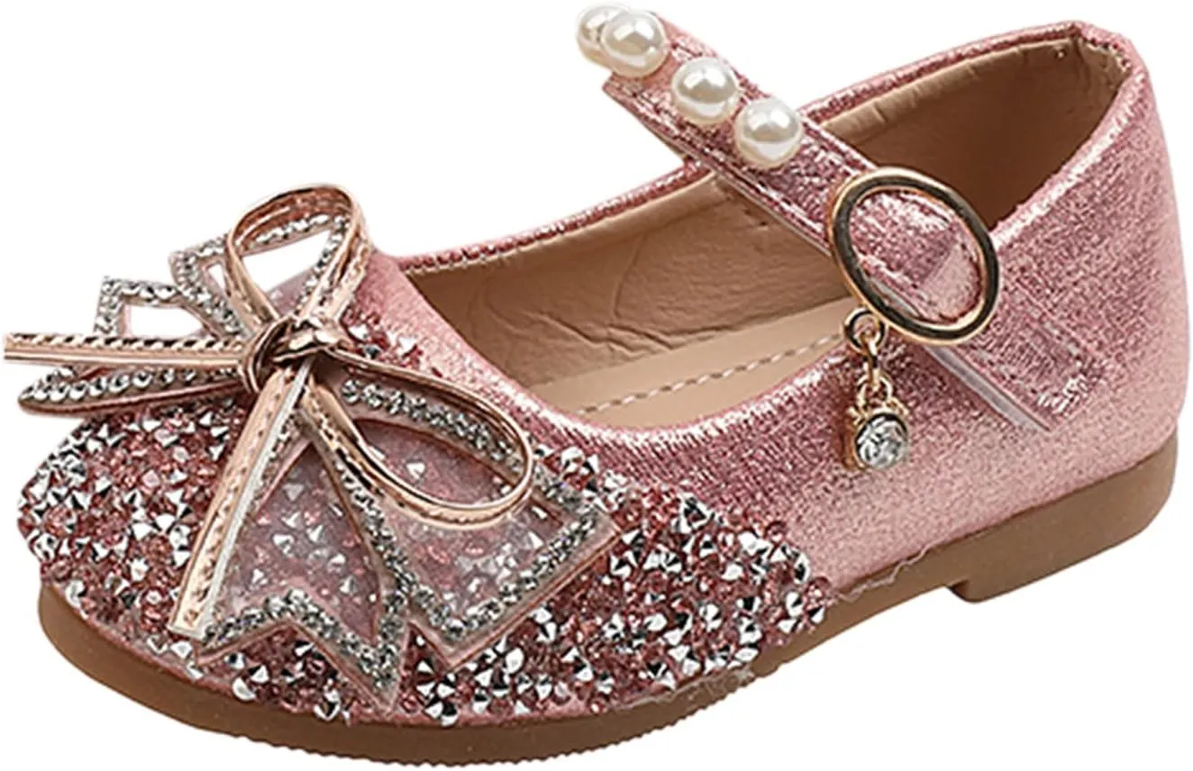 EnJoCho Girls Toddler/Little Kid Pearl Crystal Dress Flats Shoes Bow Flower Girl Ballet Flat Bling Bowknot Princess Sandals