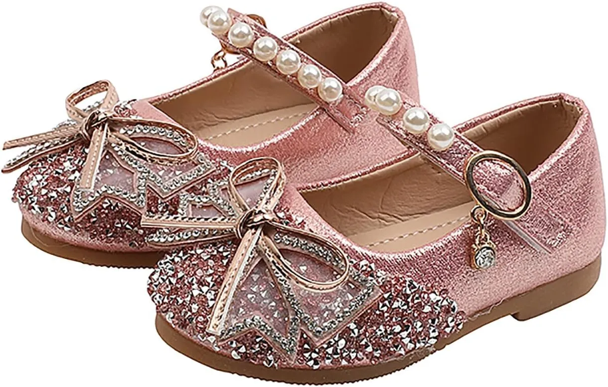 EnJoCho Girls Toddler/Little Kid Pearl Crystal Dress Flats Shoes Bow Flower Girl Ballet Flat Bling Bowknot Princess Sandals