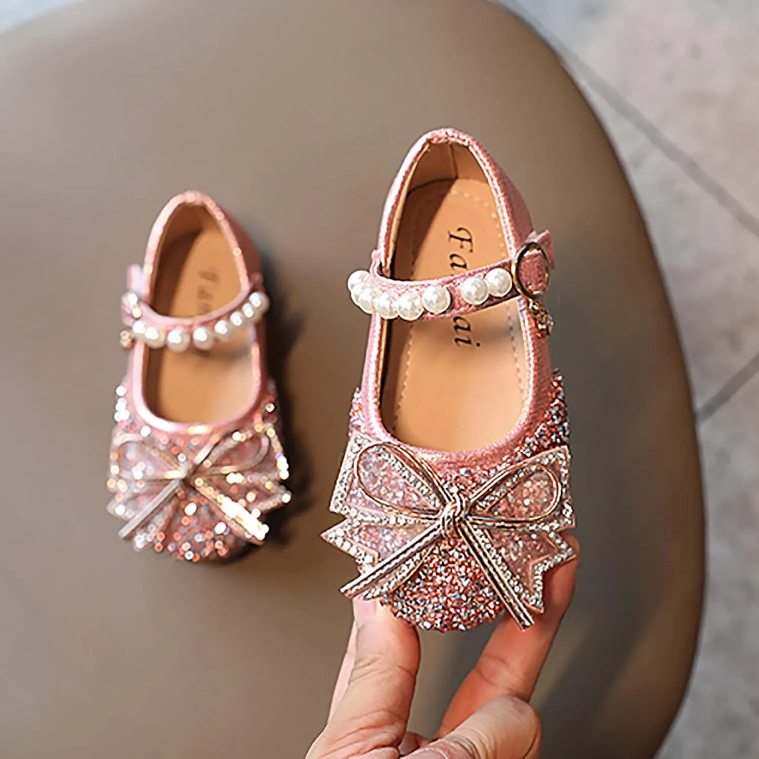EnJoCho Girls Toddler/Little Kid Pearl Crystal Dress Flats Shoes Bow Flower Girl Ballet Flat Bling Bowknot Princess Sandals