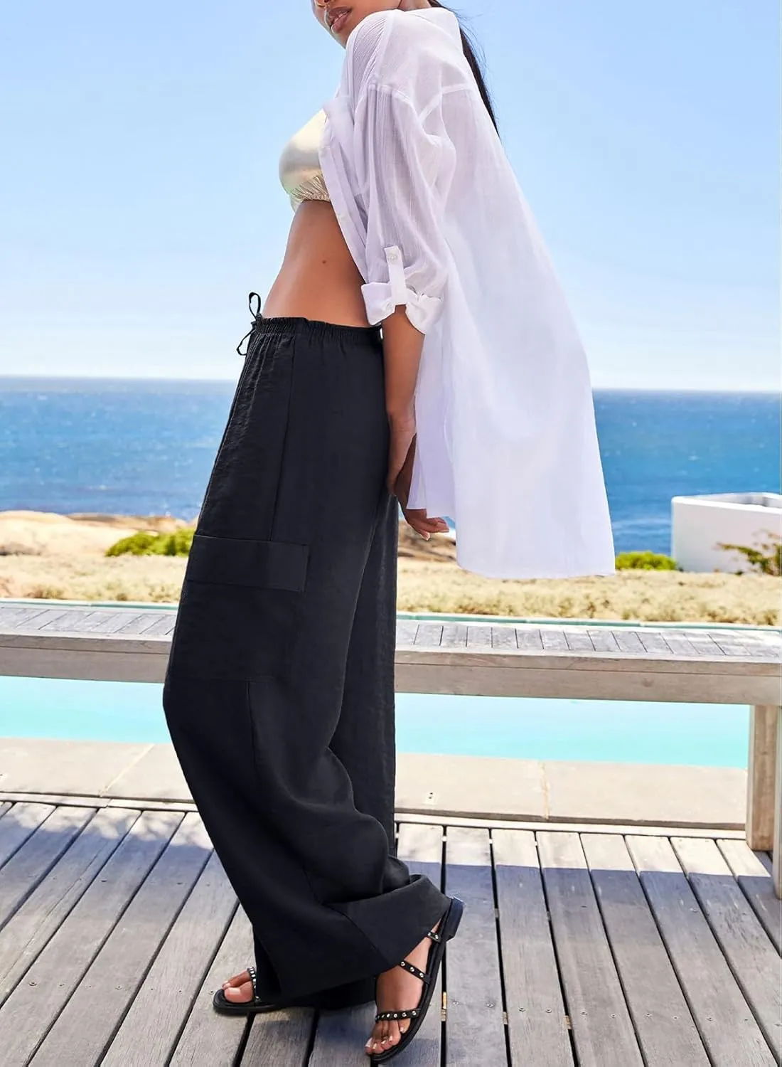 EVALESS Women Palazzo Pants Summer Casual Wide Leg High Waist Lounge Flowy Beach Trousers Travel Vacation Outfits
