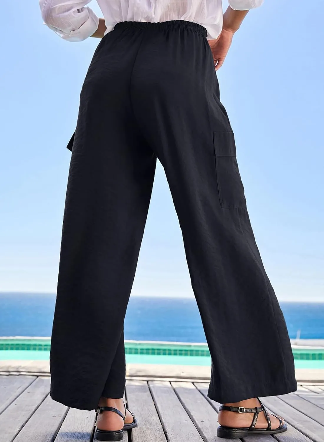 EVALESS Women Palazzo Pants Summer Casual Wide Leg High Waist Lounge Flowy Beach Trousers Travel Vacation Outfits
