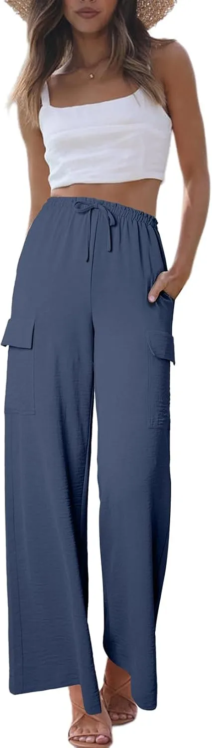 EVALESS Women Palazzo Pants Summer Casual Wide Leg High Waist Lounge Flowy Beach Trousers Travel Vacation Outfits