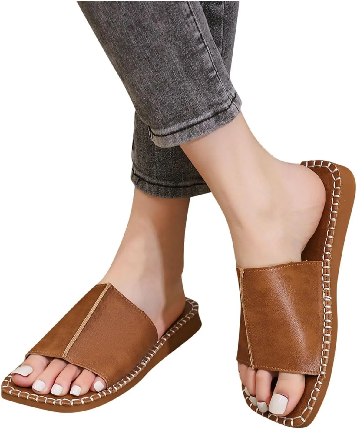 Flat Slides for Women Vintage Square Toe Leather Sandals Comfy Open Toe Summer Slippers Ladies Homewear Shoes
