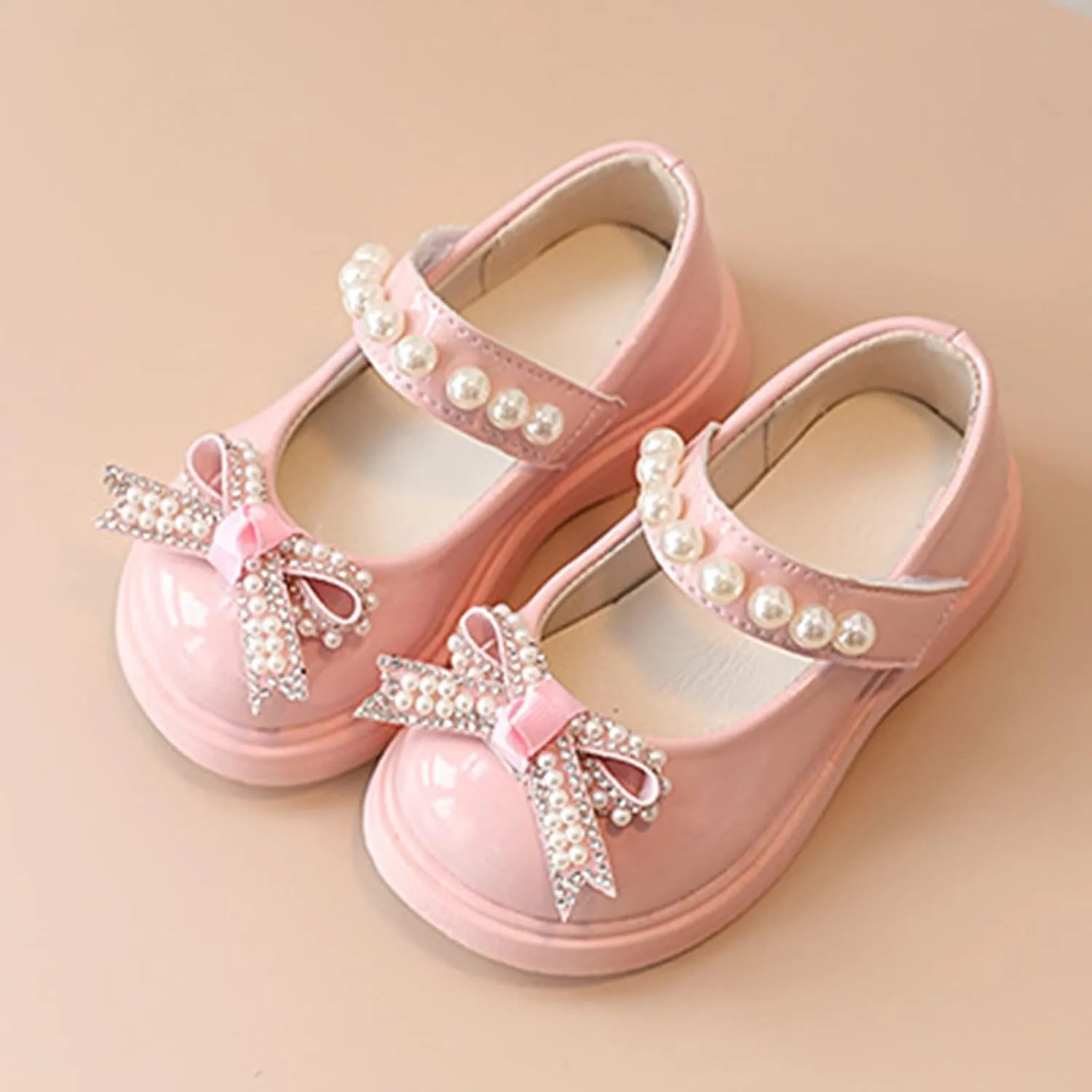 Girls Round Toe Ankle Strap Mary Jane School Shoes with Bow Kids Pearl Strap Chunky Platform Ballet Dress Shoes