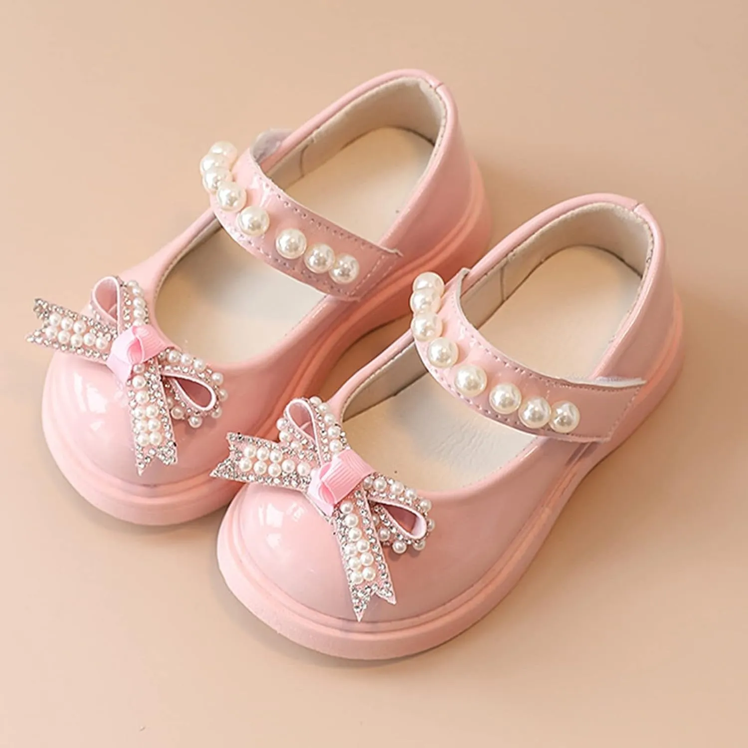 Girls Round Toe Ankle Strap Mary Jane School Shoes with Bow Kids Pearl Strap Chunky Platform Ballet Dress Shoes
