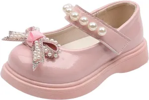 Girls Round Toe Ankle Strap Mary Jane School Shoes with Bow Kids Pearl Strap Chunky Platform Ballet Dress Shoes
