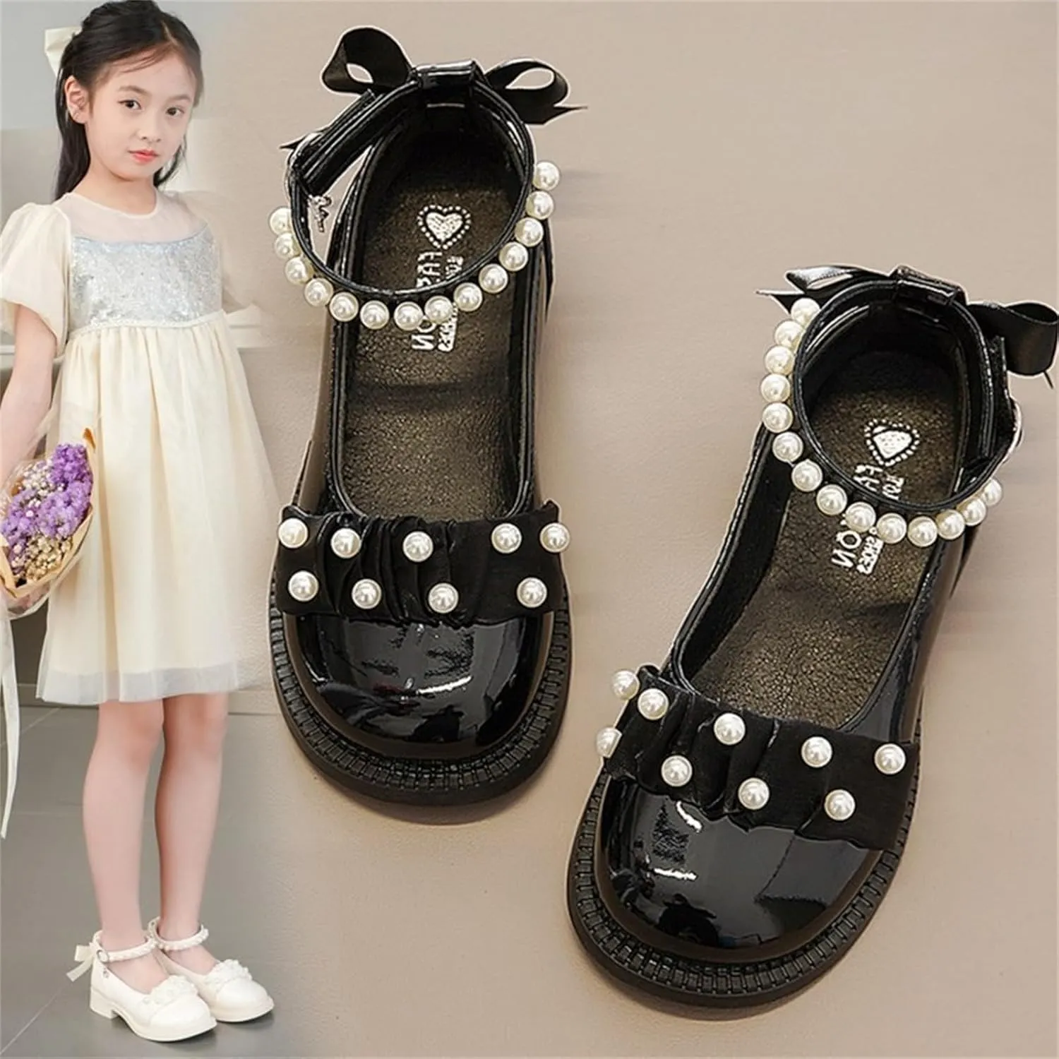 Girls Sparkly Ballet Flats Pearl Strap Princess Dance Shoe Kids Sequin Bowknot Party Dress Up Mary Jane Shoes