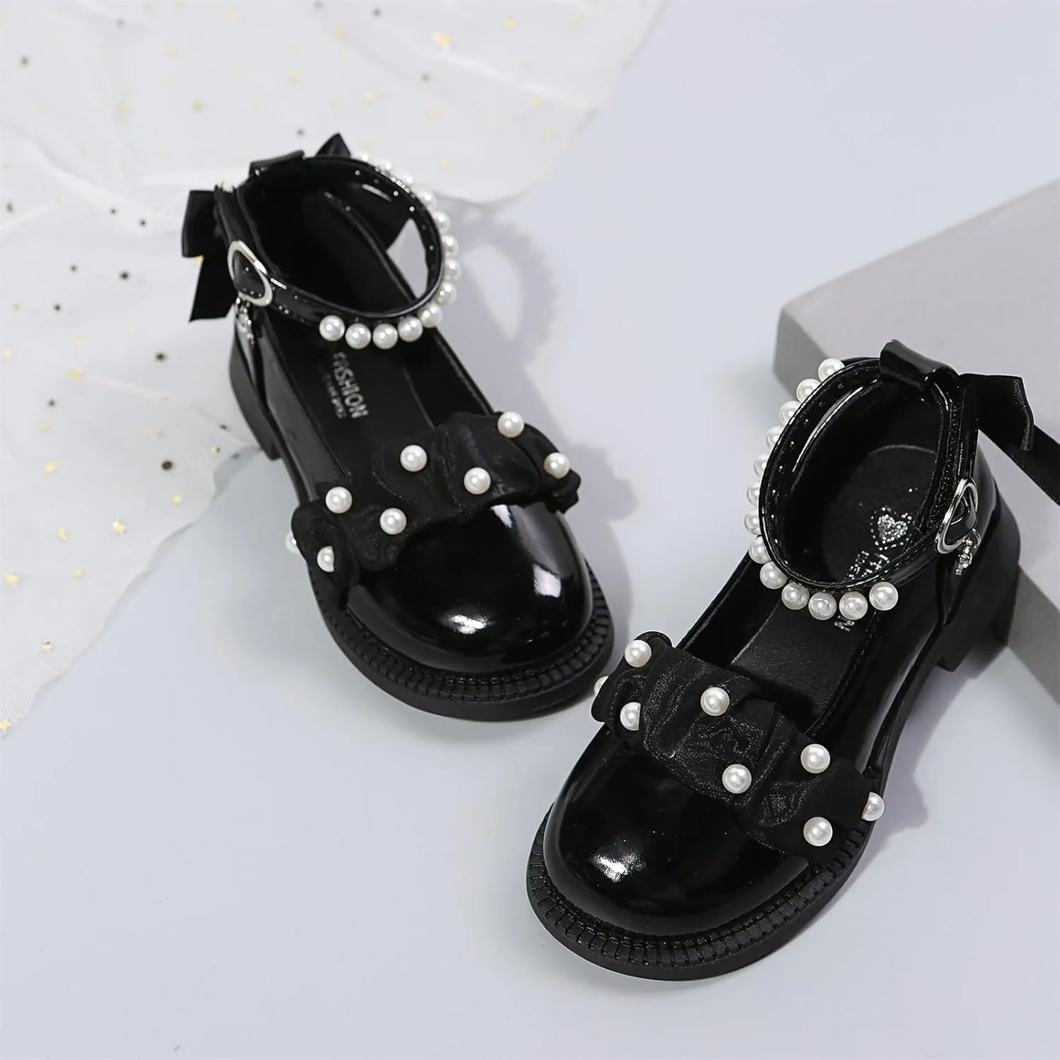Girls Sparkly Ballet Flats Pearl Strap Princess Dance Shoe Kids Sequin Bowknot Party Dress Up Mary Jane Shoes